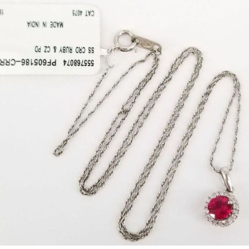 Sterling Silver Round Cut Ruby and Cubic Zirconia Halo 19" Chain Necklace 1.8g